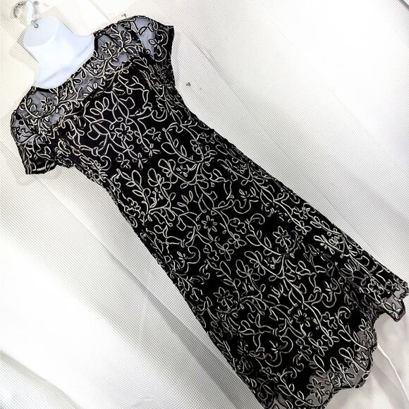 NWOT! SLNY! LUXE BLACK NET, CREAM RIBBON EMBROIDERED SHEER TOP DRESS! SZ 16 - Picture 1 of 8